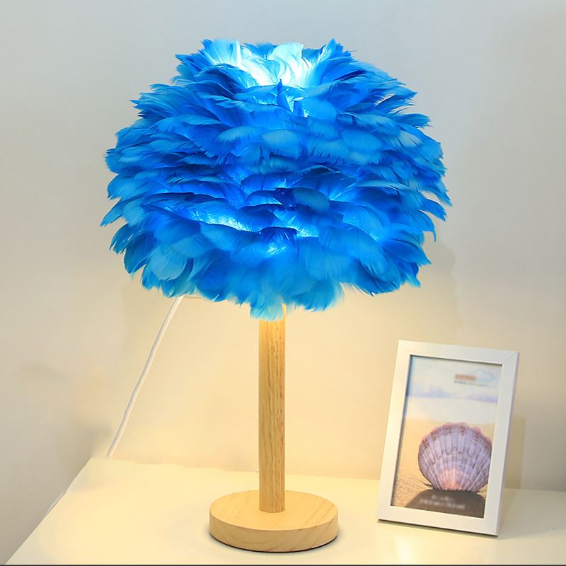 Feather Flower-Like Night Lamp Modern 1-Light Grey/Blue/Burgundy and Wood Table Light for Bedroom