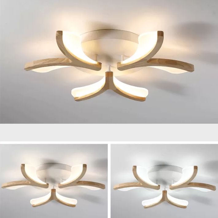 Wooden Floral Semi Flush Light Minimalist White LED Ceiling Light for Living Room