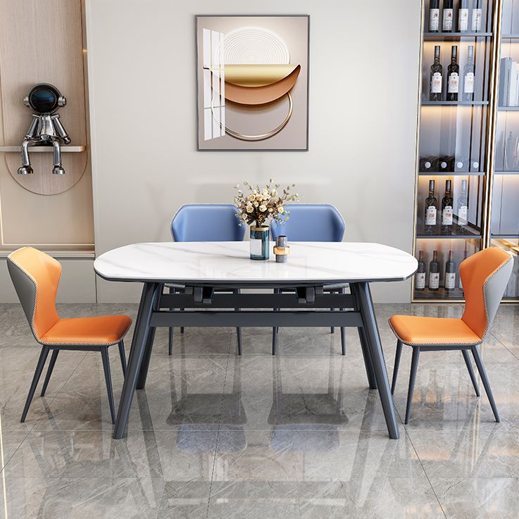 Modern Extendable White Stone Top Dining Table with 4 Black Rubberwood Legs