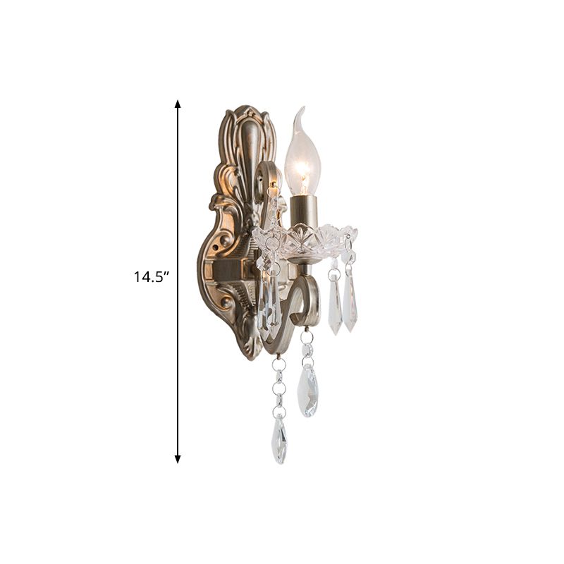 Swirl Arm Living Room Wall Light Fixture Retro Style Metal 1/2-Light Silver Finish Sconce Lighting with Crystal Drop