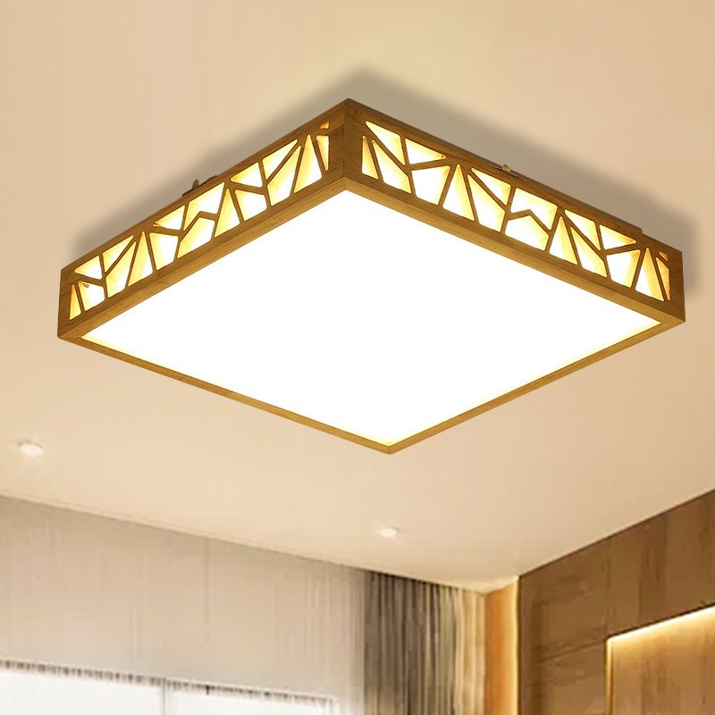 Hollowed Square Box Ceiling Lamp Modern Stylish Wooden LED Study Room Flushmount in Warm/White Light/Remote Control Stepless Dimming