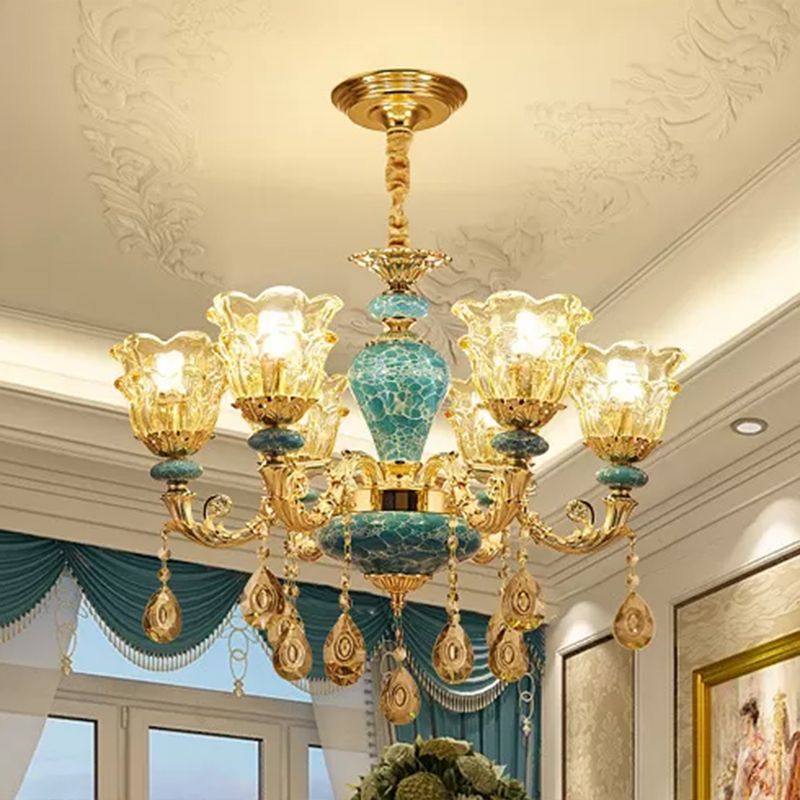 Luxe traditionele bloem omhoog kroonluchter helder glazen ophanging licht in blauw met kristallen druppels