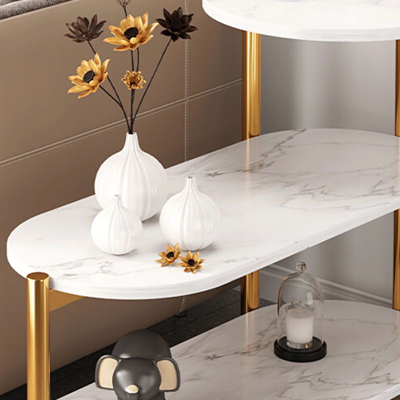 Glam Metal Side Table with Shelves Geometric Stone Top Accent Side Table