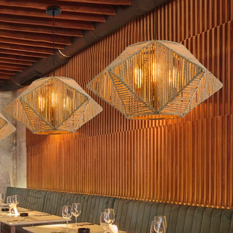 Farmhouse Stereoscopic Star Pendant Lamp 1 Light Rope Hanging Lamp Kit in Beige with Hand Woven Design