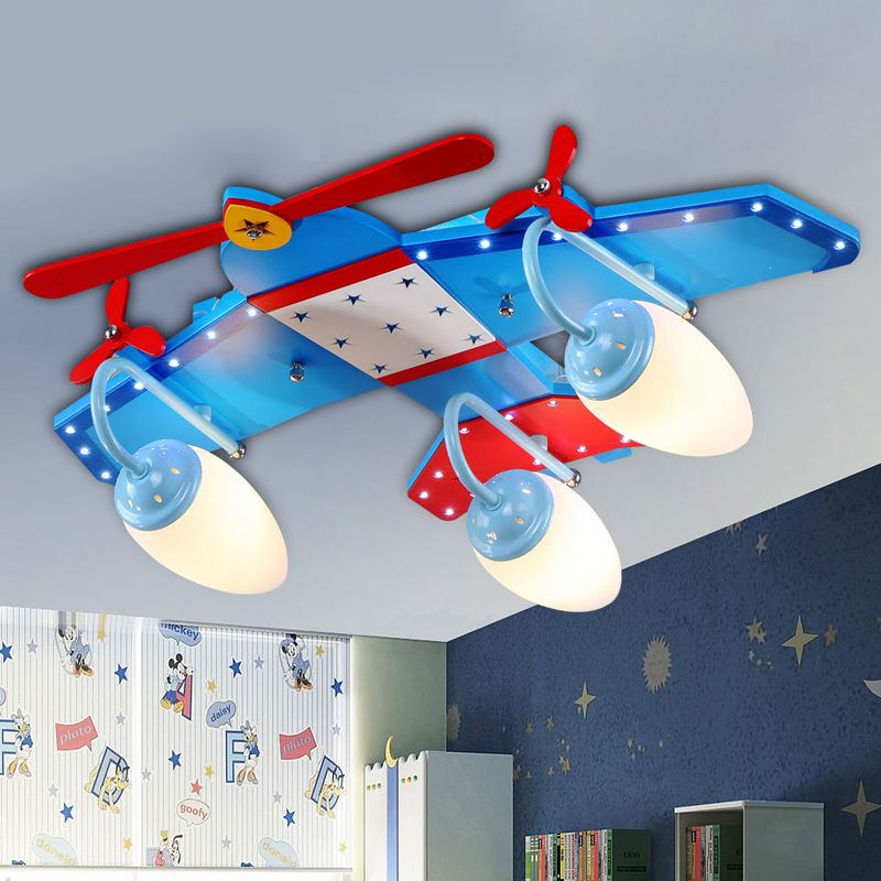 Ivory Glass Plane Flushmount Lighting Kids 3/4 Heads Blue Flush Mount Ceiling Light Fixture for Boys Bedroom