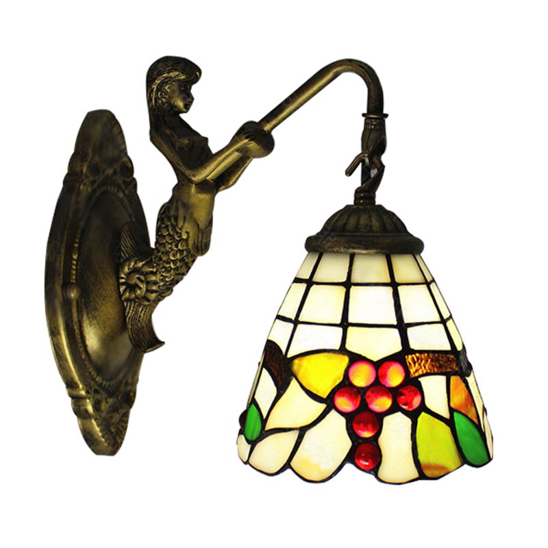1 Light Mermaid Wall Mounted Light with Fruit Pattern Stained Glass Mini Wall Sconce Lighting