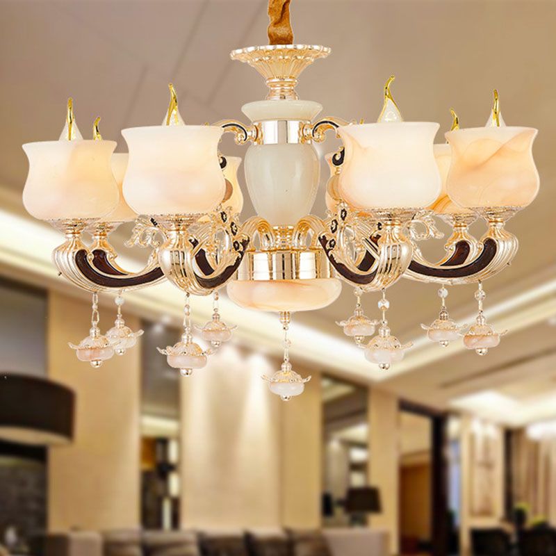 Jade Gold Hanging Lamp Kit Bud Traditional Chandelier Light Fixture with Crystal Accent