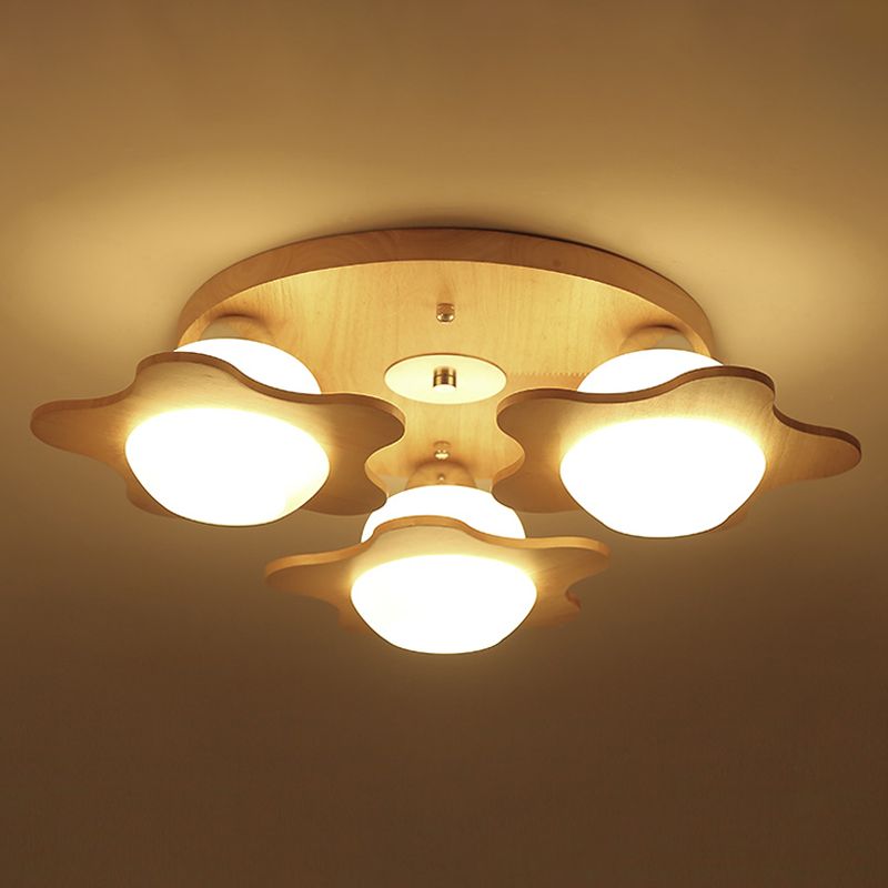 Flower Ceiling Light Fixture Modern Ivory Glass 3-Head Bedroom Flush Mounted Light in Wood