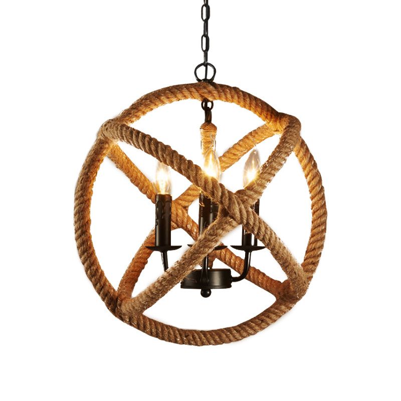 Sfera di illuminazione della sospensione di flaxen di corda di canapa 3 lampadine a sospensione a sospensione con candela metallica