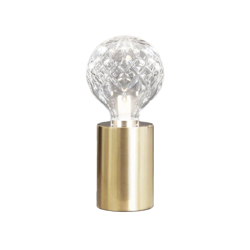Lámpara de mesa de noche de cristal transparente moderna con luz LED esférica en color dorado con base de metal