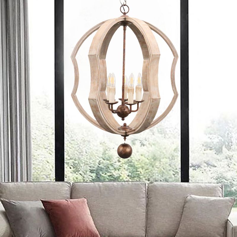 Distressed White Globe Chandelier Lighting Modern Wood 5 Bulbs Pendant Light Fixture with Adjustable Chain