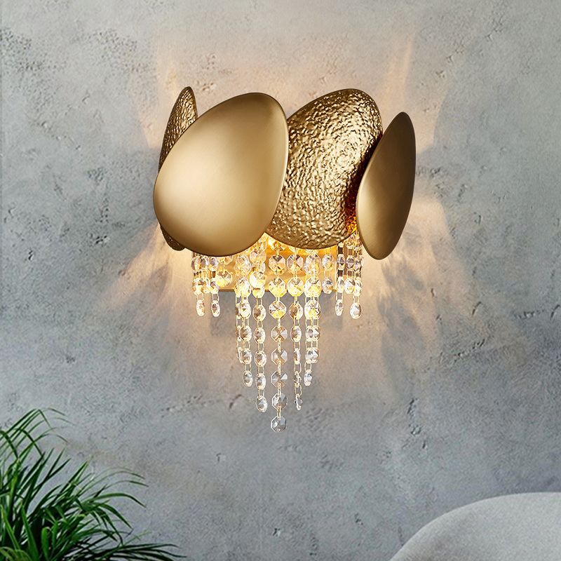 Egg Shaped Wall Mount Light Modern Style Metal 2 Lights Golden Sconce Lighting with Clear Crystal Draping