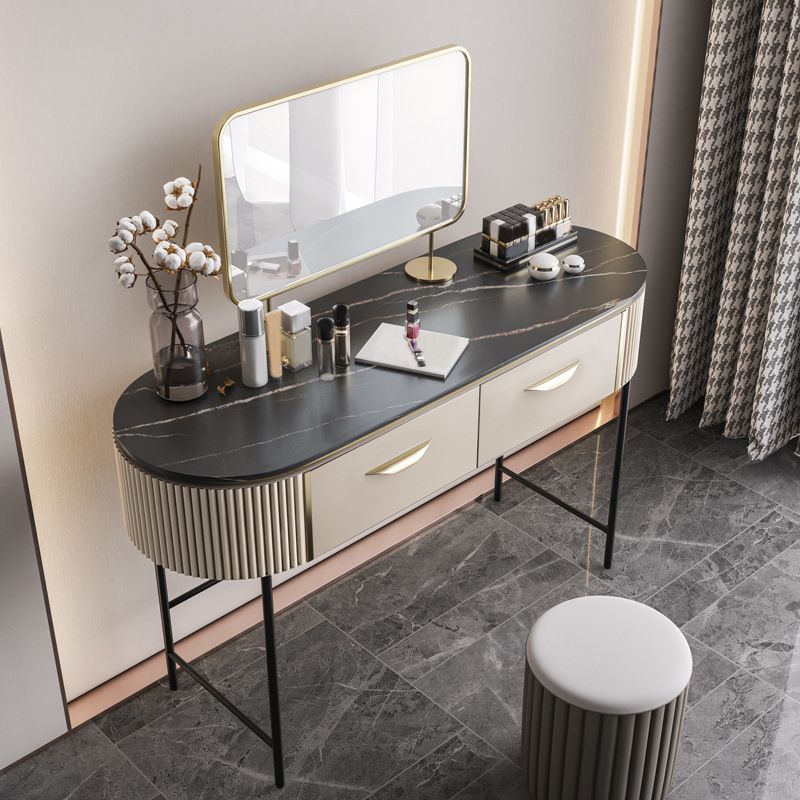 2 Storage Drawers Dresser with Mirror & Padded Stool Contemporary Stone Top Vanity