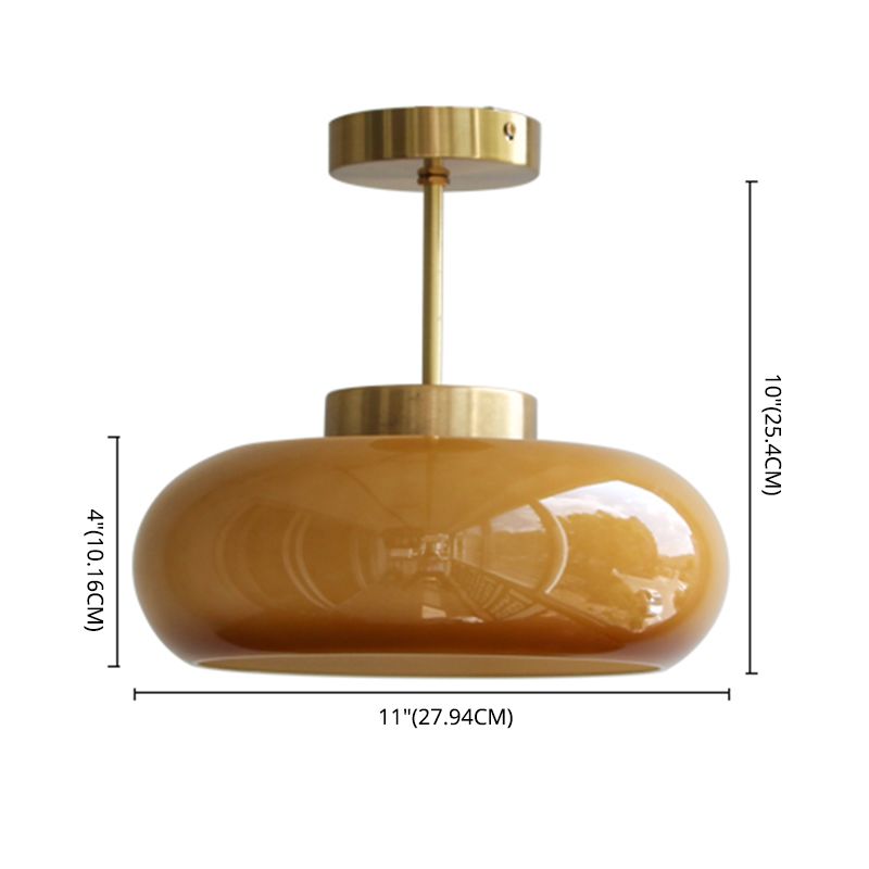 Colonial Style Brass Flush Mount Drum Hand-blown Glass Ceiling Light Fixture for Bathroom