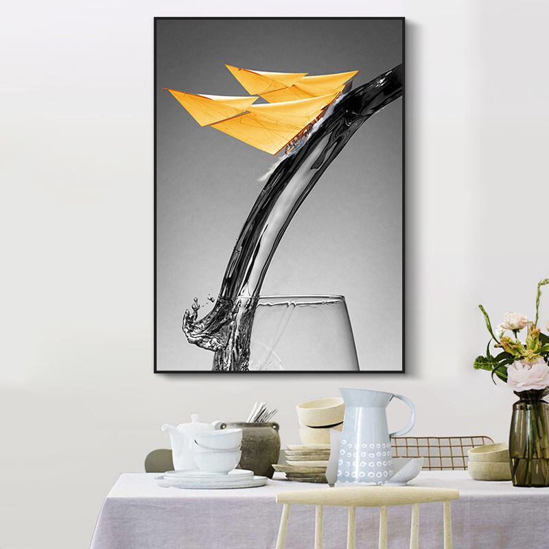 Canvas Textured Wall Decor Modern Novelty Boat Flowing into Wine Glass Art Print in Yellow