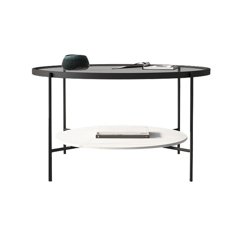 Modern Style Round Glass Table Plate Metal 4 Legs Base with Storage Rack Coffee Table