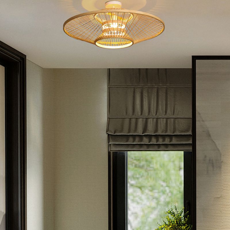Round Shape Ceiling Lamp Asian Style Rattan 1 Light Flush Mount for Living Room