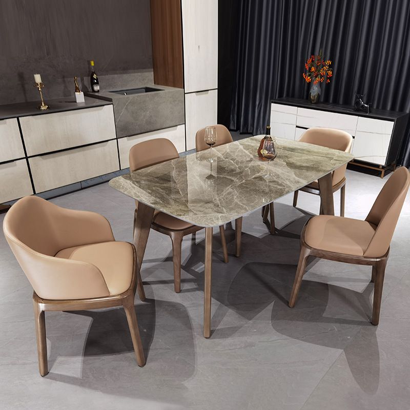 Stone Top Dining Table Mid-Century Modern Table with 4 Legs in Brown
