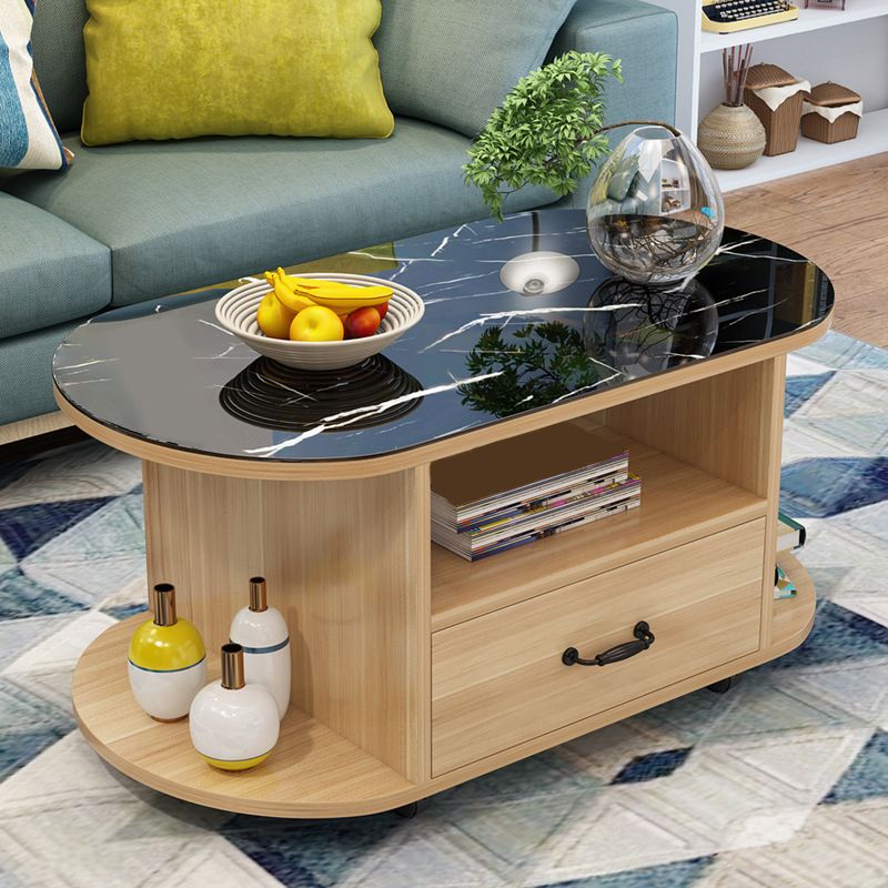 modern oval gals top coffee table with shelf and drawer and Casters