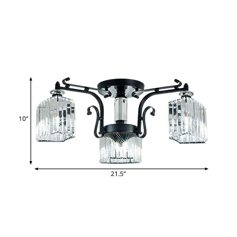 3 ampoules Scrolling bras semi-flush Mount lampe de plafond en métal noir moderne avec une teinte cubique claire