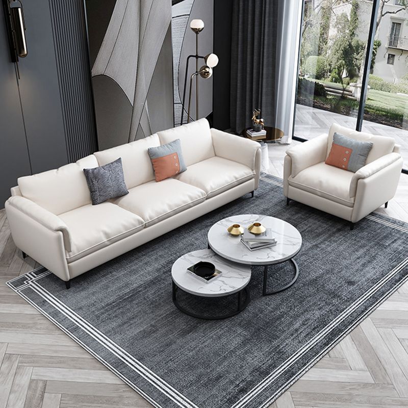 White Leather Pillow Back Sofa Contemporary Pillow Top Arm Sofa