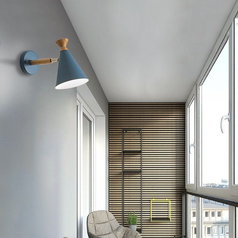 Metal Cone Shade Wall Light Nordic Style Rotatable 1 Light Bedside Reading Light in Blue/Green/Grey/White