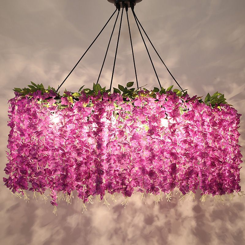 Floral Metal Island Light Fixture Retro 6-Bulb Restaurant Down Lighting Pendant in Purple