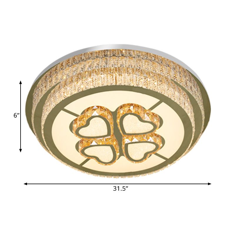 Round Great Room Light Fixture Modern Clear Crystal Blocks LED Nickel Flush Mount Lamp with Heart Design