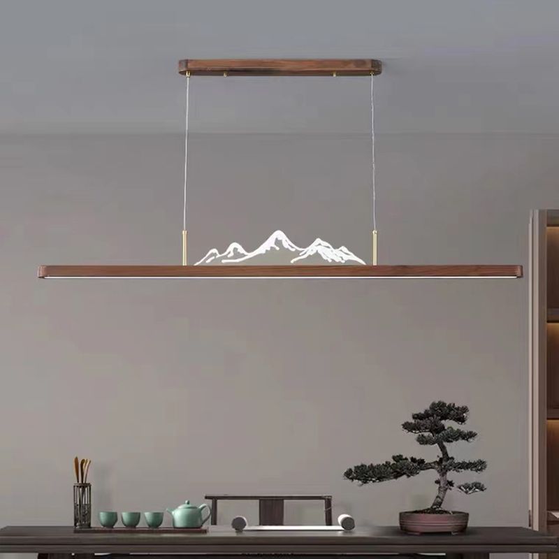Modern Wood Ceiling Light Linear Shape Island Light with Plastic Shade for Living Room