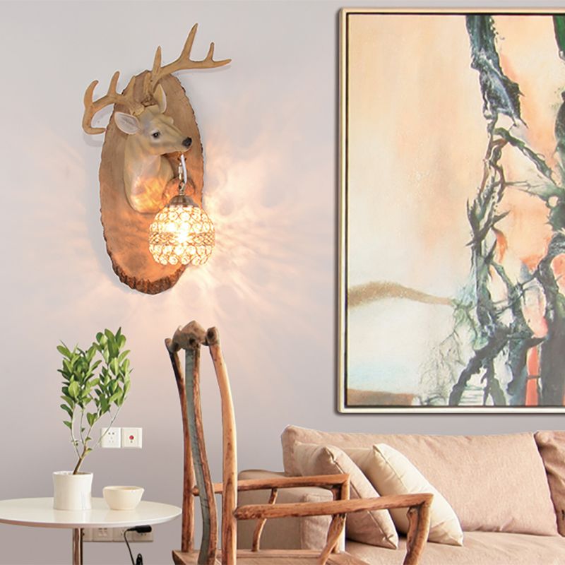 1 Light Resin Wall Lamp Rustic Black/Gold/Tan Orb Shade Indoor Sconce Light Fixture with Elk, Right/Left