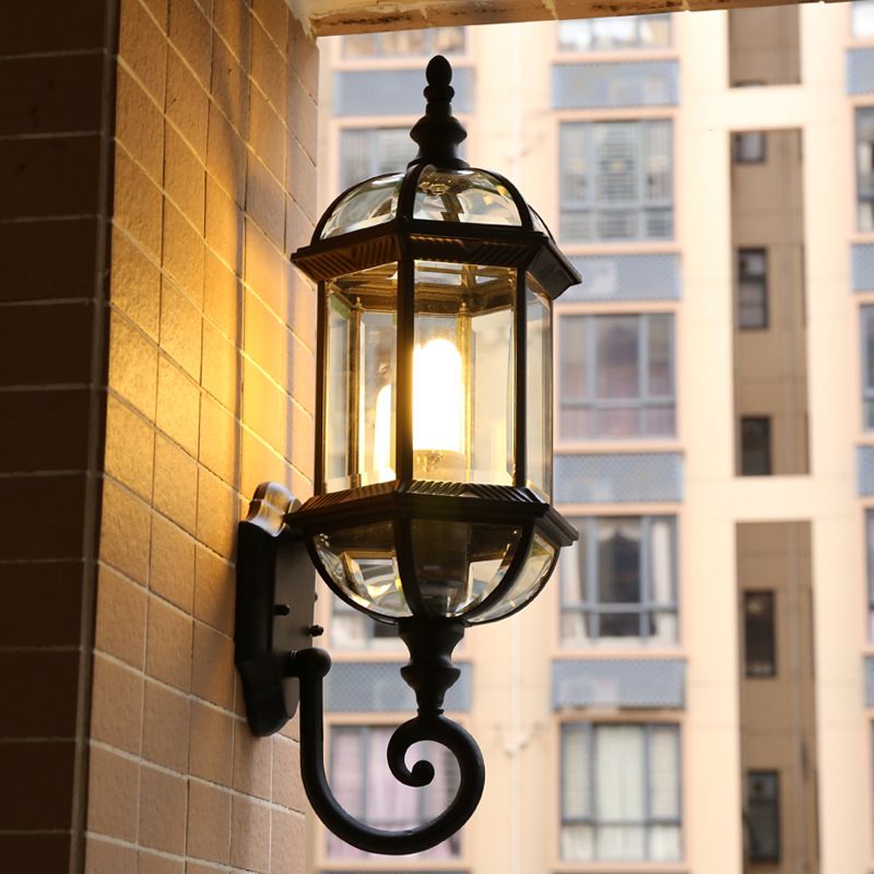 Clear Glass Birdcage Wall Sconce Country 1 Bulb Outdoor Wall Mounted Light in Black/Brass with Twisted Arm