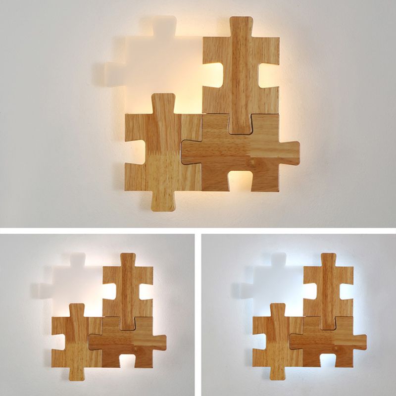 Creative Puzzles-shaped LED Wall Lamp Nordic Minimalism Rubber Wood Home Decorative Sconce Lights for Bedroom