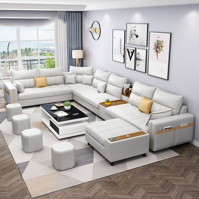 Square Arm Cotton Blend and Faux Leather Sectionals Sofas with Storage