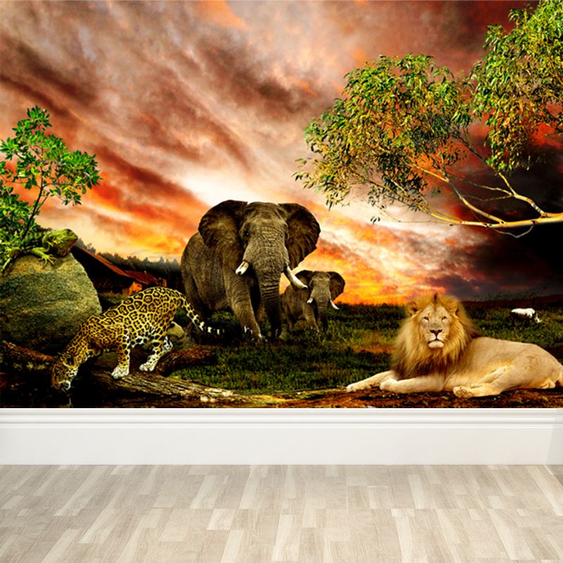 Tropics Riverside Savanna Animals Mural Brown Sunset Glow Wall Art for Living Room