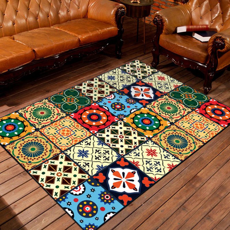 Moroccan Square Flower Pattern Rug Colorful Polyester Carpet Non-Slip Backing Area Rug for Living Room