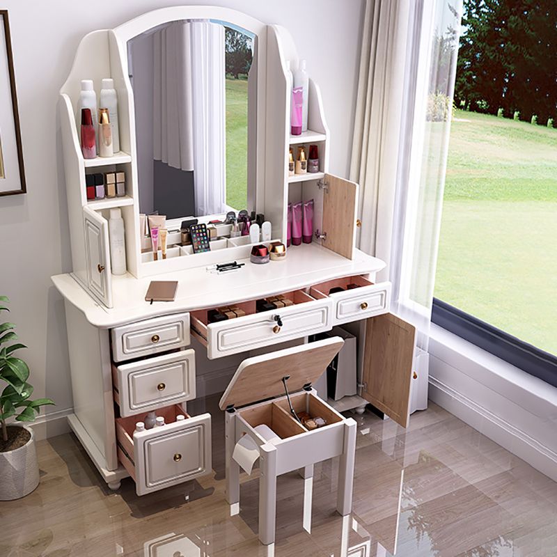 Traditional Solid Wood Makeup Dressing Table 60.23" H Vanity Set with Stool and Mirror