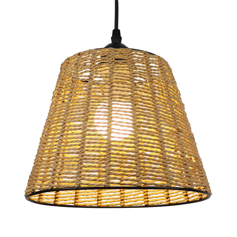 Bucket Hanging Light Fixture Modern Woven Rattan 1-Light Indoor Pendant Lamp in Beige