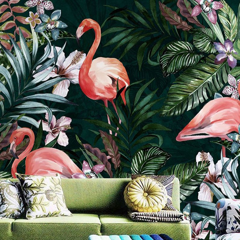Whole Illustration Tropical Wall Mural for Guest Room with Flamingo and Plant in Pink and Green