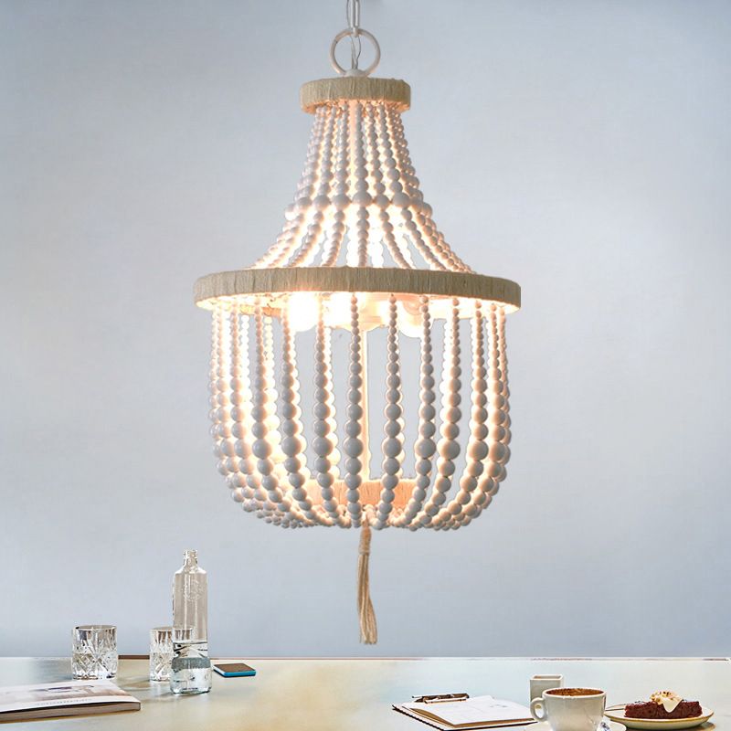 Rural Beaded Basket Chandelier Lamp 2-Head Wood Pendant Light Fixture for Restaurant