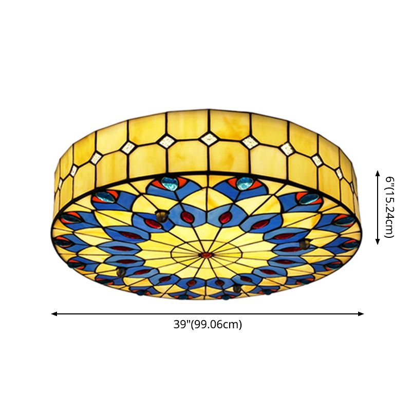 Drum Ceiling Mount Light Mediterranean Stained Glass Flush Mount Fixture for Bedroom