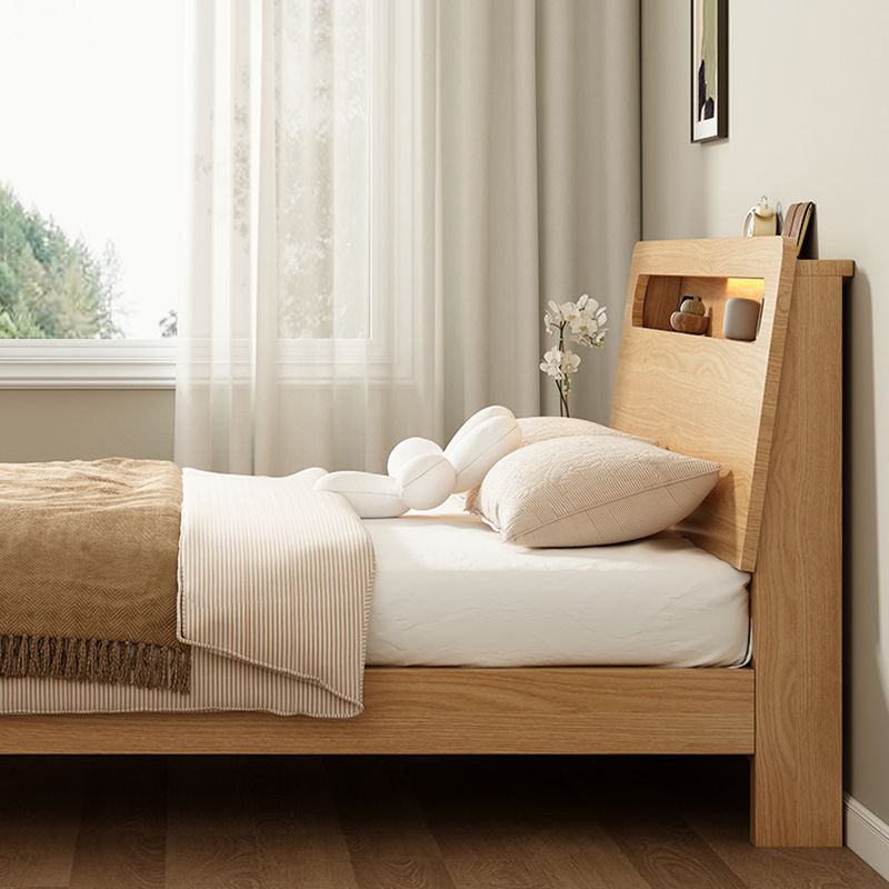 Natural Solid Wood Panel Bed with Headboard Standard Bed with Shelves