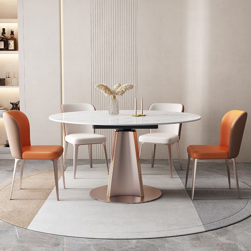 Modern White Round Extendable Dining Table with Metal Pedestal Base