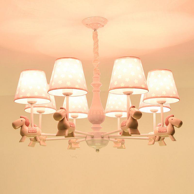 Pink Tapered Shade Chandelier Kid Fabric Down Lighting Pendant with Horse Figurine