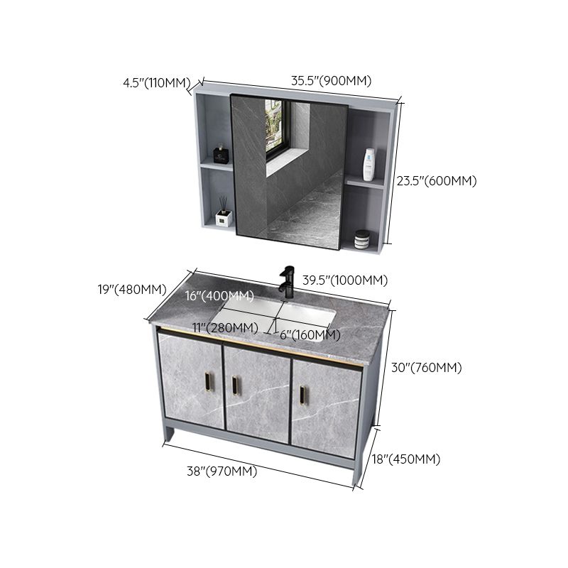 Contemporary Sink Cabinet Freestanding Mirror Cabinet Bathroom Vanity Set in Gray