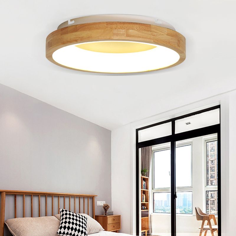 Wood Circular Thin Flushmount Lighting Nordic Style Green/Blue LED Ceiling Mounted Light, 12"/16"/19.5" Width