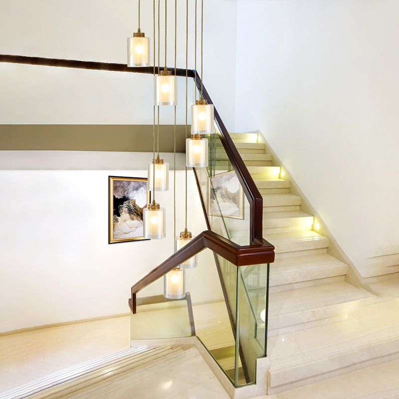 8 Heads Hanging Lighting Modernist Cylinder Clear and White Glass Multi Lamp Pendant