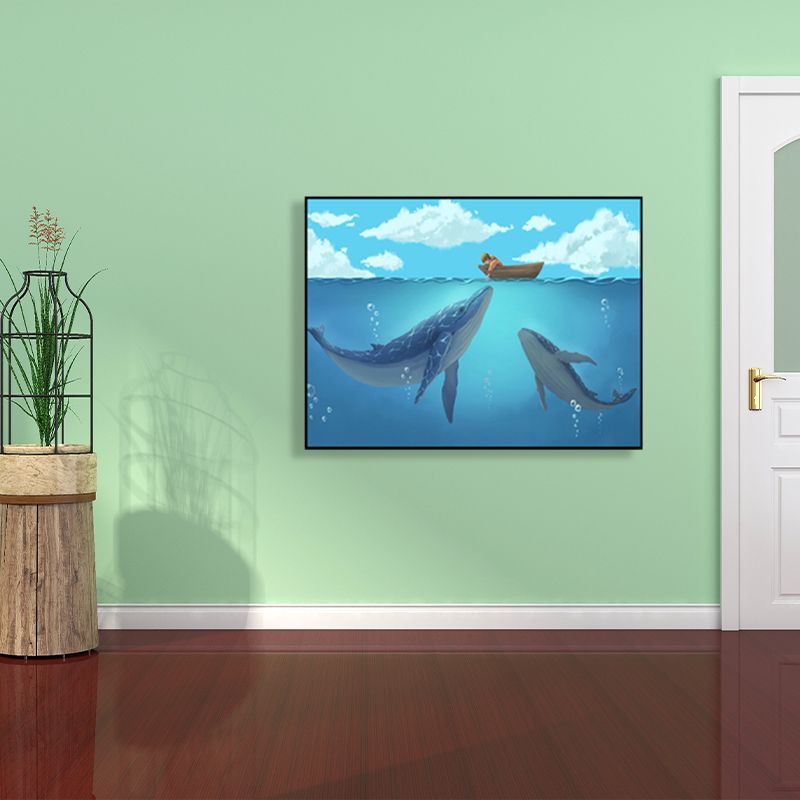 Textured Whale Canvas Wall Art Cartoon Wall Decoration for Sitting Room, Soft Blue