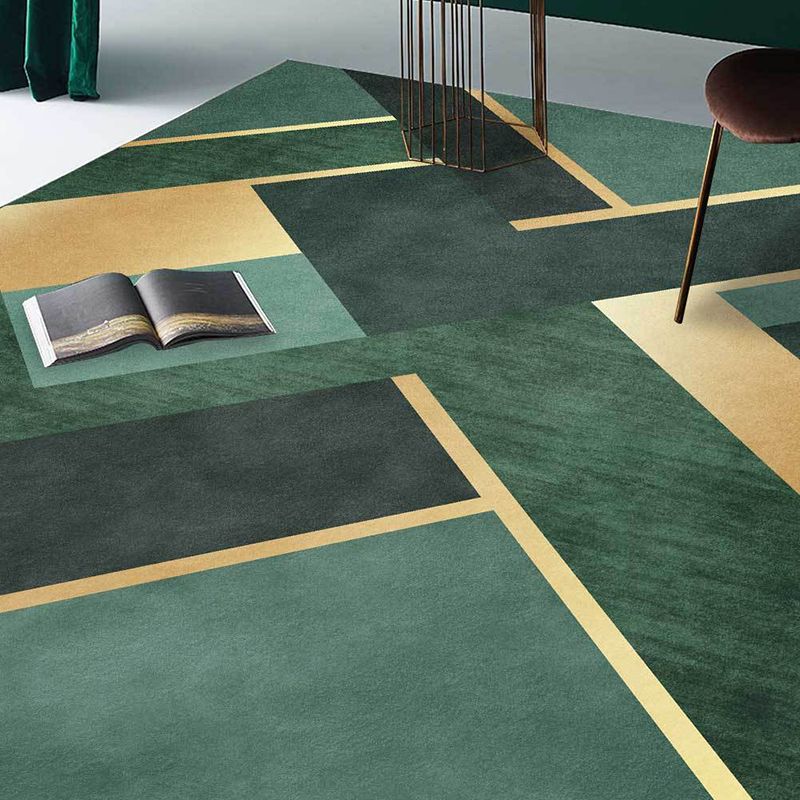 Nordic Geometric Pattern Rug Green and Golden Polyester Rug Machine Washable Non-Slip Area Rug for Bedroom