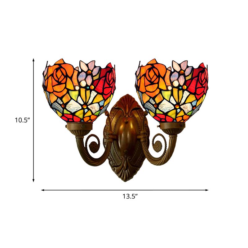 2 Lights Wall Sconce Light Tiffany Rose Patterned Stained Glass Wall Lamp in Bronze with Bowl Shade