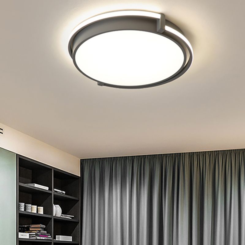 Round Bedroom Flush Lamp Modern Acrylic Led Black/Grey Flush Light Fixture with Recessed Diffuser in White/Warm/Neutral Light, 12"/16"/19.5" Wide